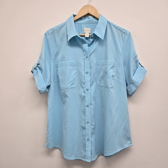Chicos Short Sleeve Button Up Blouse Top Size 2 Large Modal Blend Turquoise Aqua - Picture 1 of 8